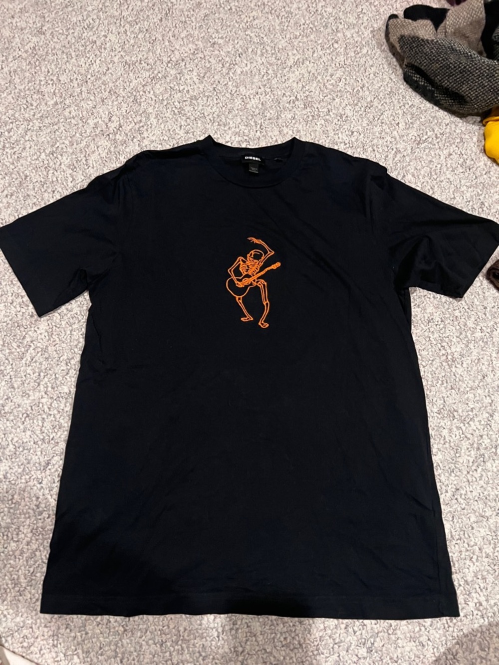 Diesel Black Tee with Orange Skeleton Guitar
